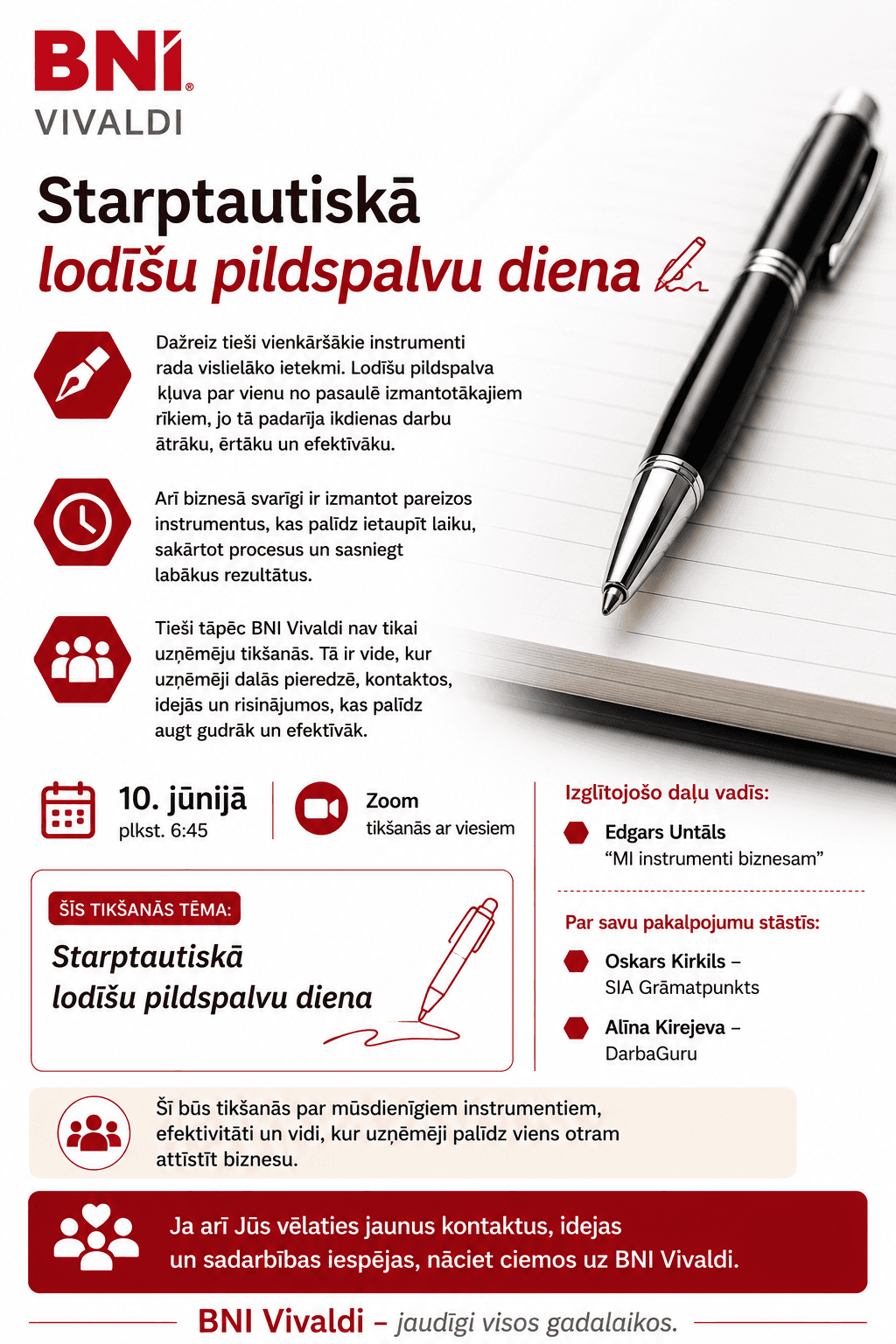 BNI Vivaldi Zoom rīts ar viesiem I Starptautiskā lodīšu pildspalvu diena